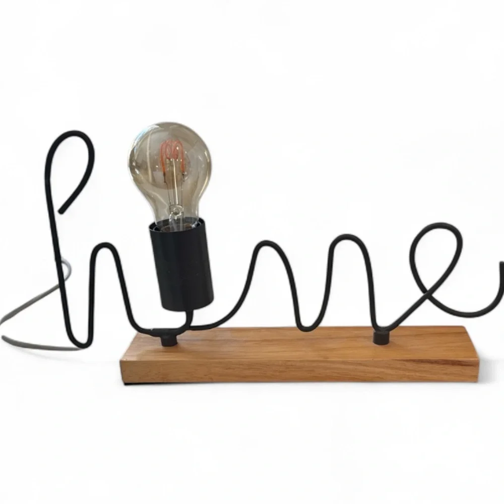 Mercantile Market Home Wireworks Gray Script Accent Lamp on Wood Base